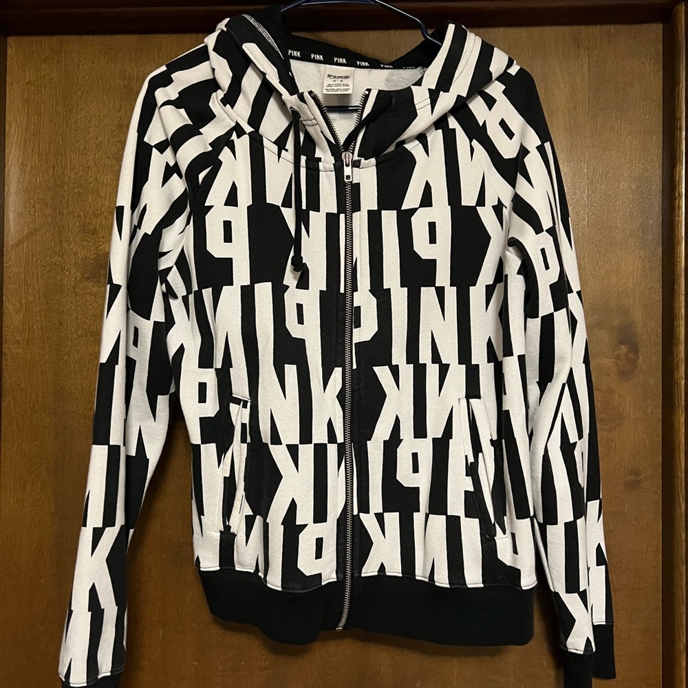 Victoria's Secret PINK Runway Black & White Logo Hoodie Size M